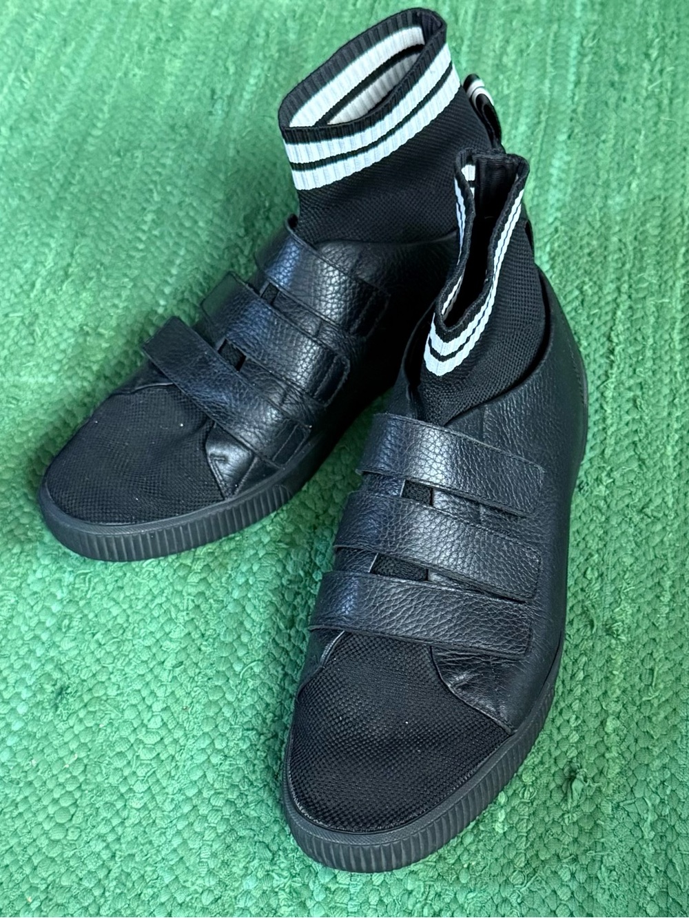 Hugo Boss Black High-Top Strap Sneakers with White-Striped Knit Collar